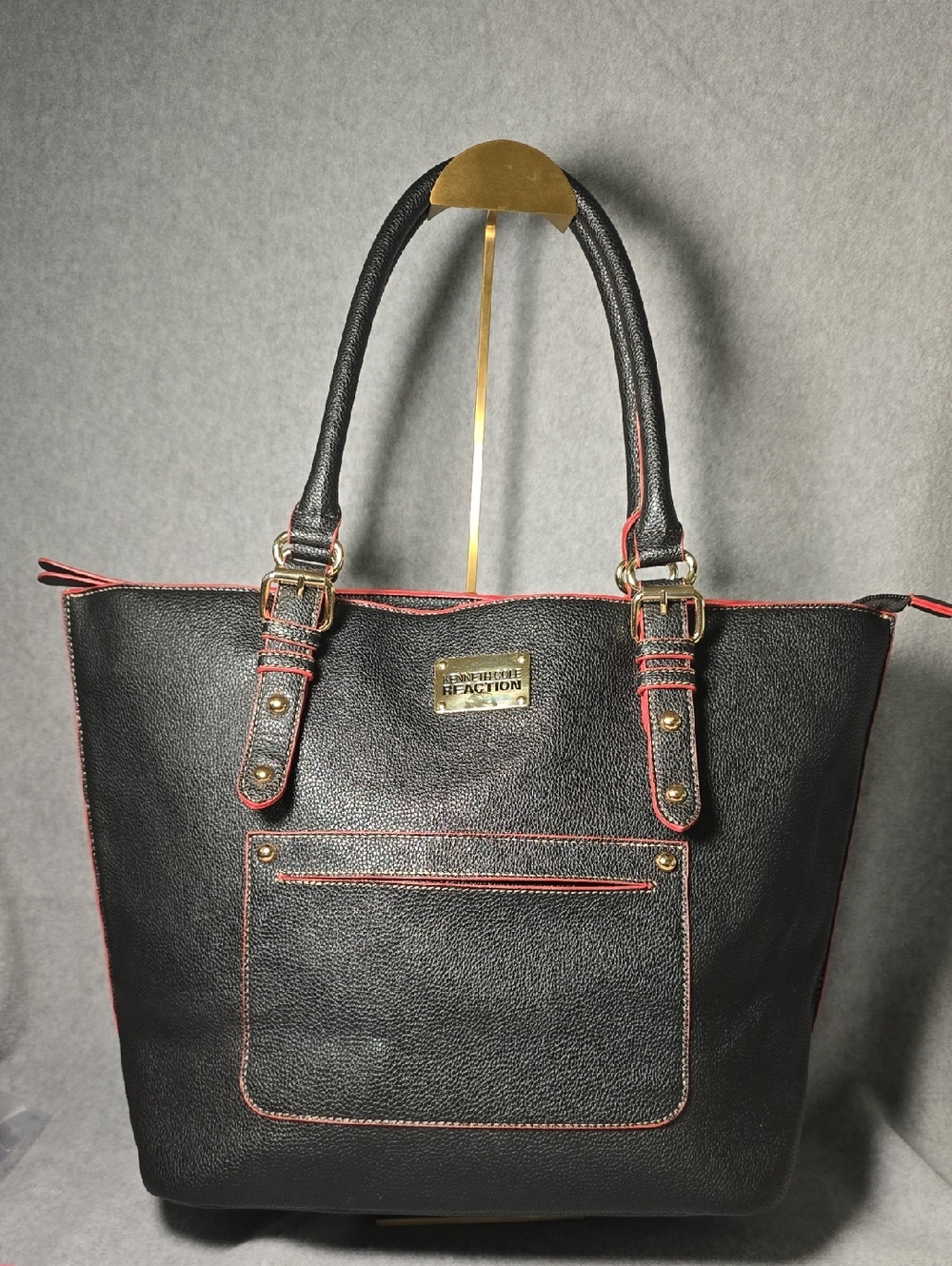Kenneth Cole Reaction Black Tote with Red Trim and Gold Hardware